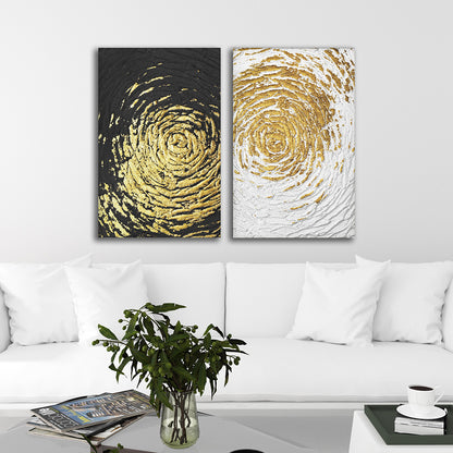 Black and white abstract swirl canvas painting set with gold textured circular design for modern living room wall decor