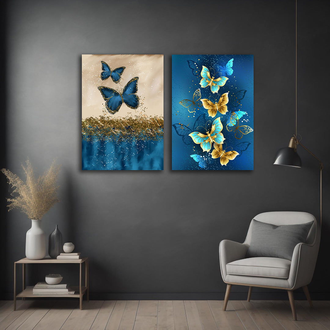Blue and gold butterfly canvas painting set of 2 modern decorative wall art