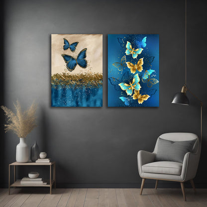 Blue and gold butterfly canvas painting set of 2 modern decorative wall art
