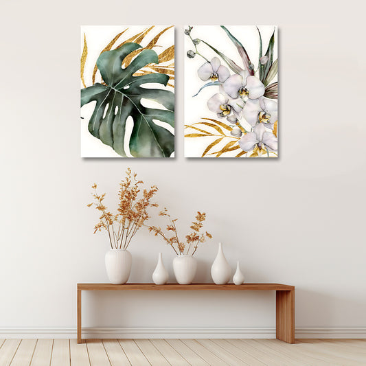 Botanical leaf and orchid wall art set of 2 tropical canvas painting for home decor
