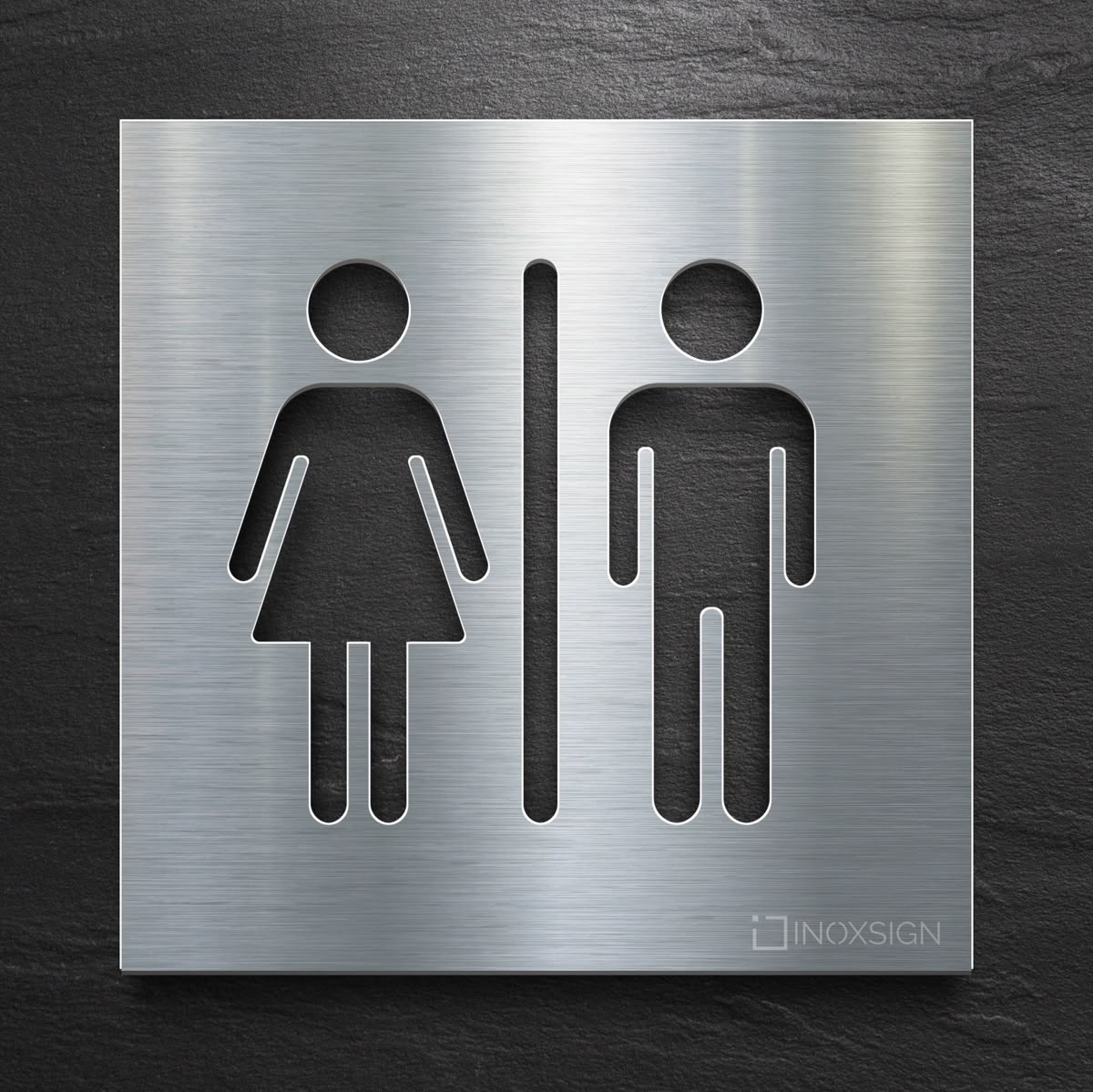 Brushed stainless steel restroom sign with male female symbols

