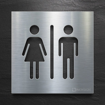 Brushed stainless steel restroom sign with male female symbols
