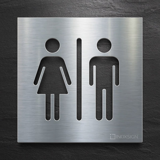 Brushed stainless steel restroom sign with male female symbols
