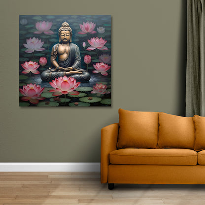 Buddha lotus canvas painting with pink flowers spiritual wall art