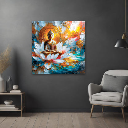Buddha sitting on lotus wall painting colorful spiritual canvas art for home decor