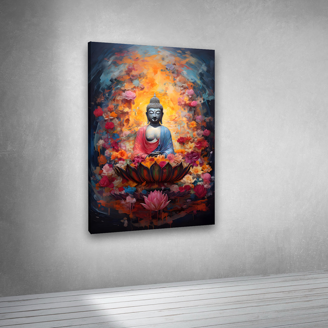 buddha meditation artwork with lotus flowers vibrant canvas decor