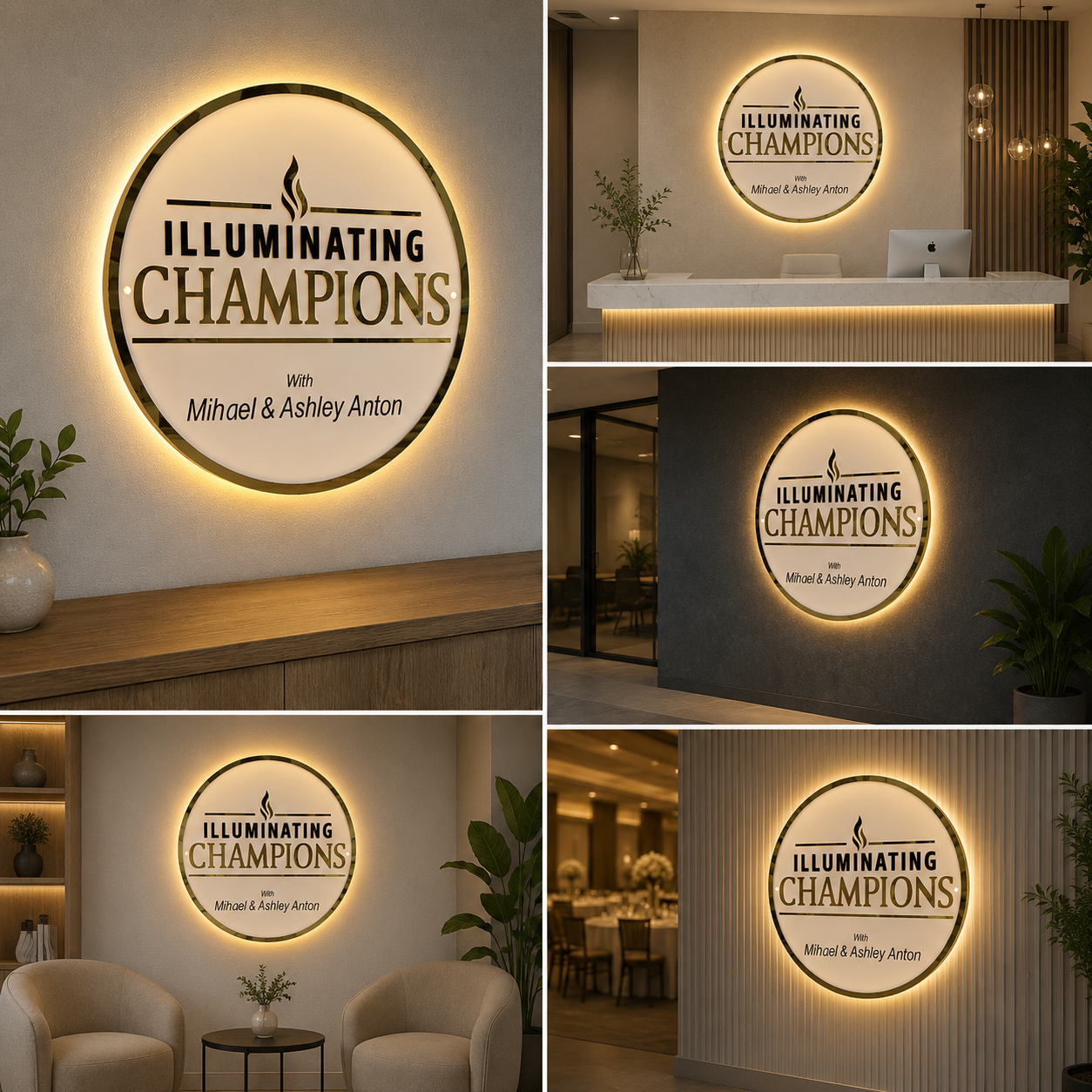 LED Circular Acrylic Logo Sign Gold Rim Backlit Round Wall Sign Custom Branding Signage for Office and Event Display