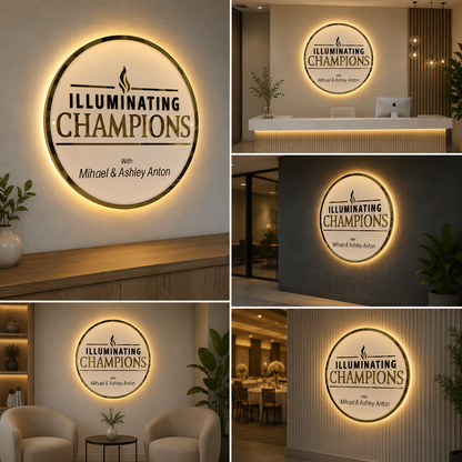 LED Circular Acrylic Logo Sign Gold Rim Backlit Round Wall Sign Custom Branding Signage for Office and Event Display