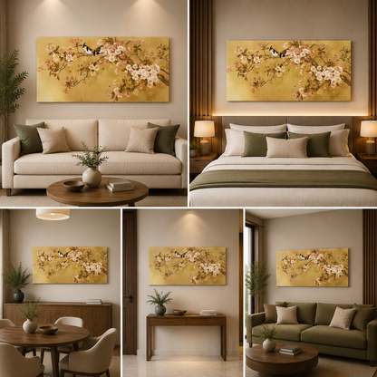 Vintage Floral Bird Wall Art Canvas – Elegant Cherry Blossom Nature Painting for Living Room Decor