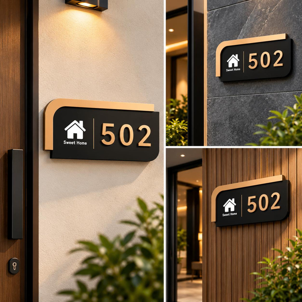 Custom Modern House Number Plate with Black Finish, Gold Trim and 3D Address Numbers