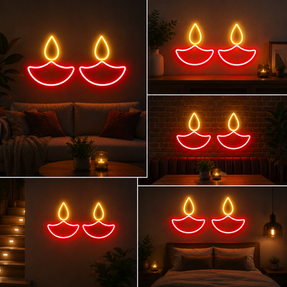 Twin Diya Neon Sign Board | LED Diwali Neon Light for Home & Festive Wall Decor