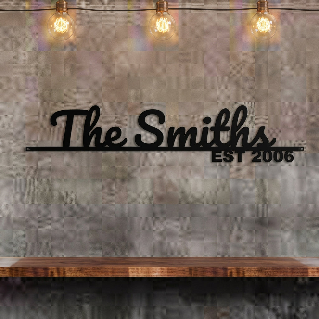 Custom Family Name Wall Sign with 3D Black Script Lettering and Established Year