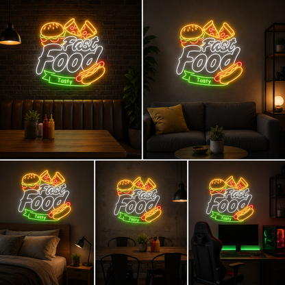 Fast Food Neon Sign Board – Restaurant Custom Neon Light Wall Decor (30 by 24 inches)
