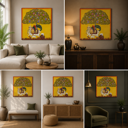 Pichwai Tree of Life Canvas Painting Frame | Sacred Cow Krishna Wall Art | Traditional Nathdwara Canvas Wall Decor for Living Room