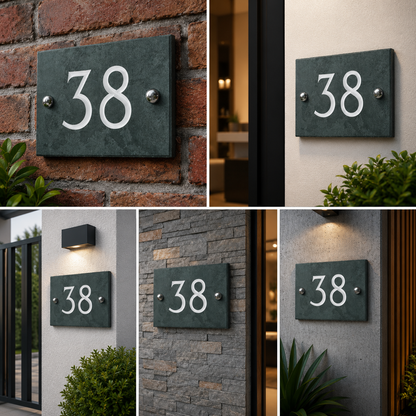 Premium Custom Stone Finish House Number Plaque with White Engraved Number for Modern Home Entrance