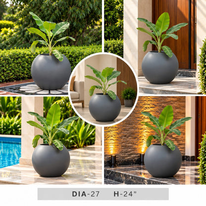Charcoal Grey Round Planter Pot, 24 Inch Large Bulbous Decorative Plant Pot for Modern Homes