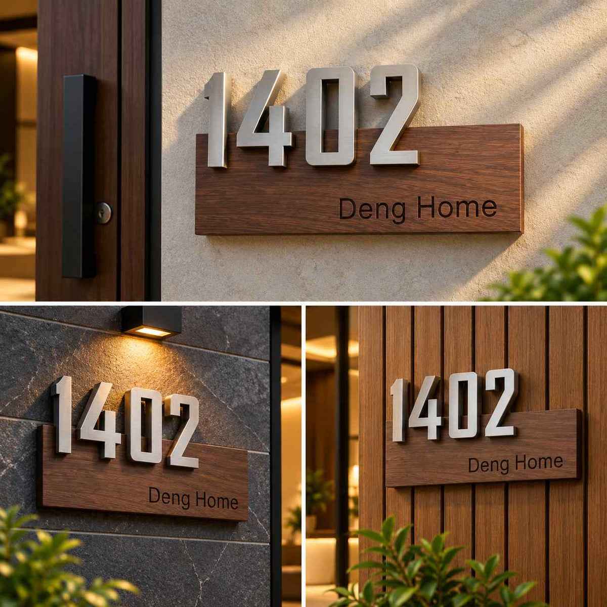 Modern Personalised House Number Sign with Raised 3D Digits and Wooden Nameplate