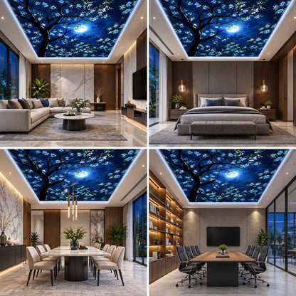 3D Moonlit Tree Ceiling Design with Blue Night Sky and Blossoms for Luxury Interiors