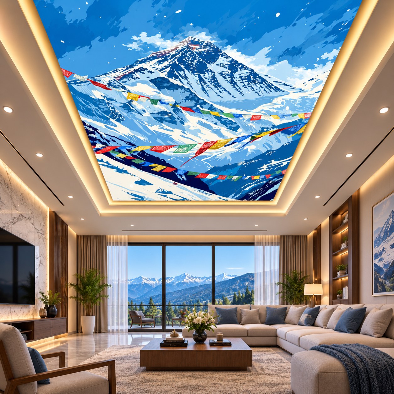 3D Himalayan Mountain Ceiling Design with Prayer Flags & Snowy Peaks for Home & Office