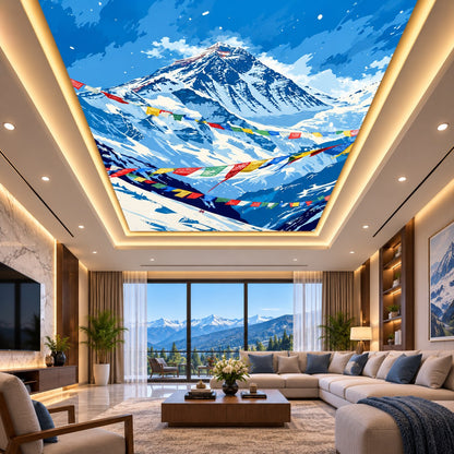 3D Himalayan Mountain Ceiling Design with Prayer Flags & Snowy Peaks for Home & Office