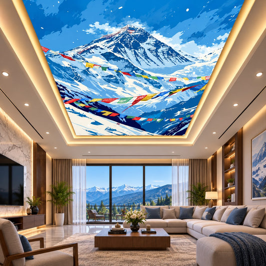 3D Himalayan Mountain Ceiling Design with Prayer Flags & Snowy Peaks for Home & Office