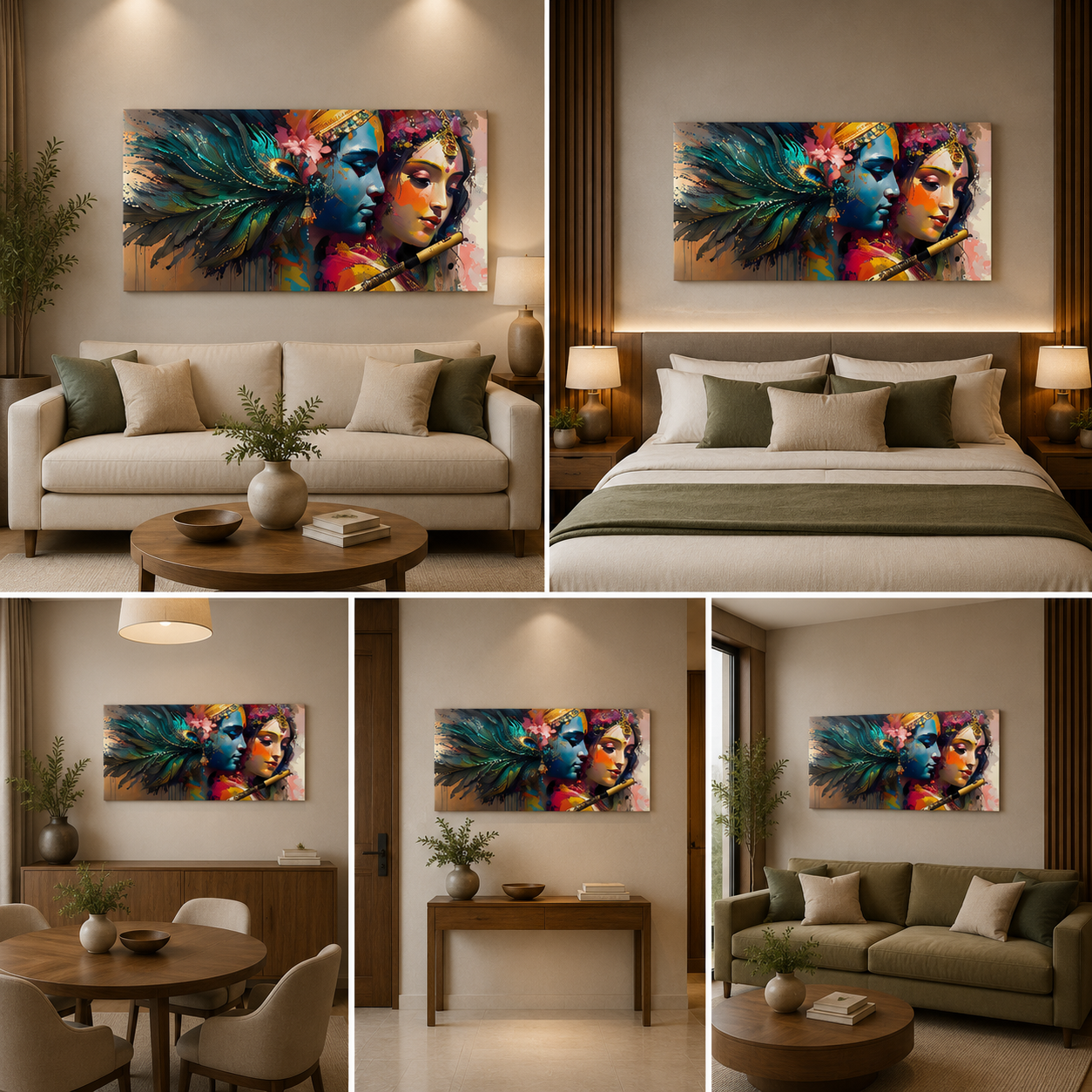 Radha Krishna Abstract Wall Painting with Peacock Feather | Romantic Spiritual Canvas Art for Home Decor