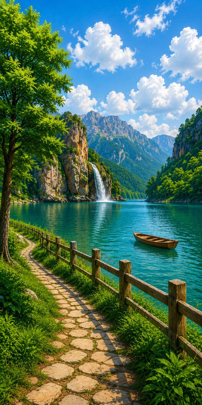 3D Lake Waterfall Ceiling Design with Mountain View & Blue Sky for Modern Interiors