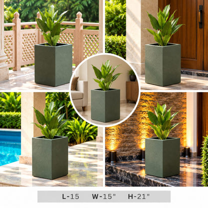 15 Inch Sage Green Square Planter Pot, 21 Inch Tall Modern Geometric Decorative Plant Pot