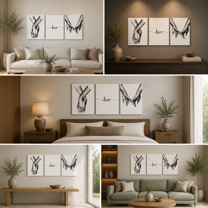 Love Hands Wall Art Set of 3 Panels | Minimalist Couple Line Art Canvas Painting | Acrylic UV Printed Romantic Wall Decor for Living Room Bedroom (18 x 24 Inches Each Part)