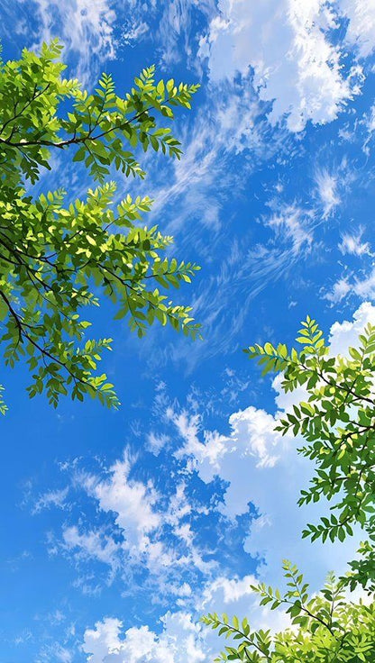 3D Green Tree Canopy Sky Ceiling Design with Blue Sky & Clouds for Modern Interiors