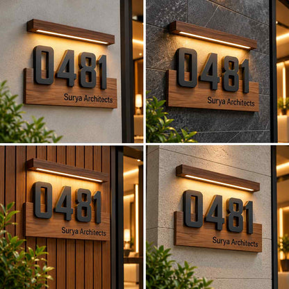 Custom LED House Number Sign with 3D Black Numbers and Wooden Backlit Nameplate