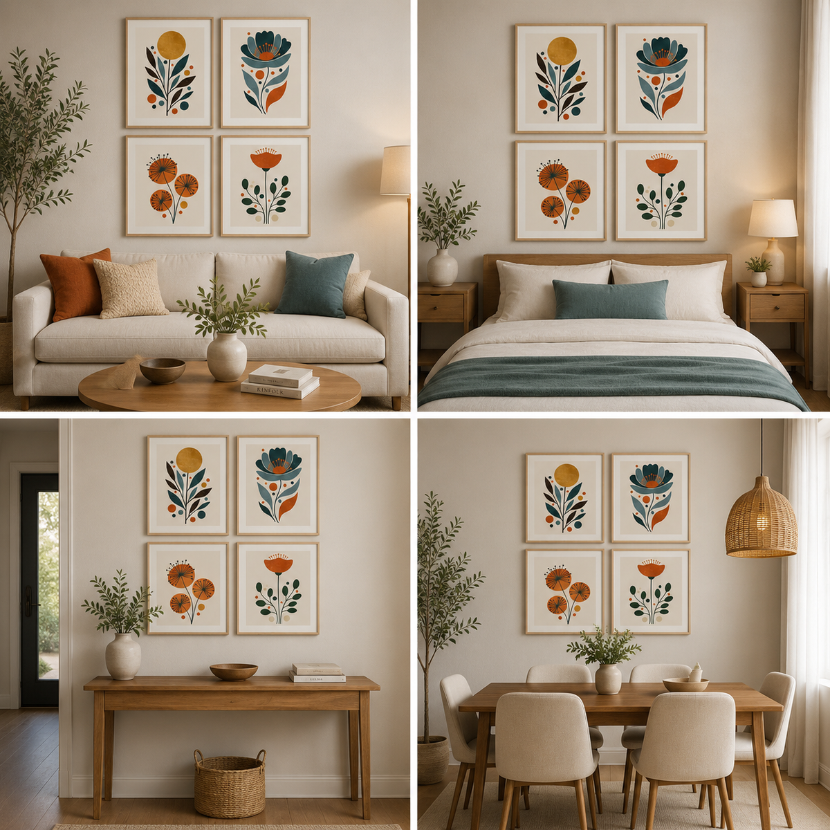 Modern Botanical Floral Canvas Wall Art Set of 4 for Living Room, Bedroom and Office Decor