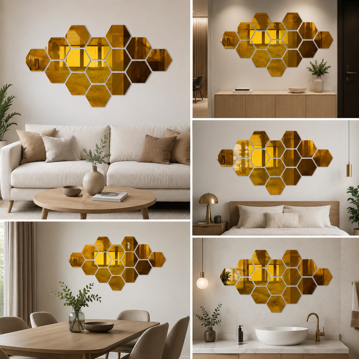 3D Golden Acrylic Hexagonal Mirror Self Adhesive Wall Decor