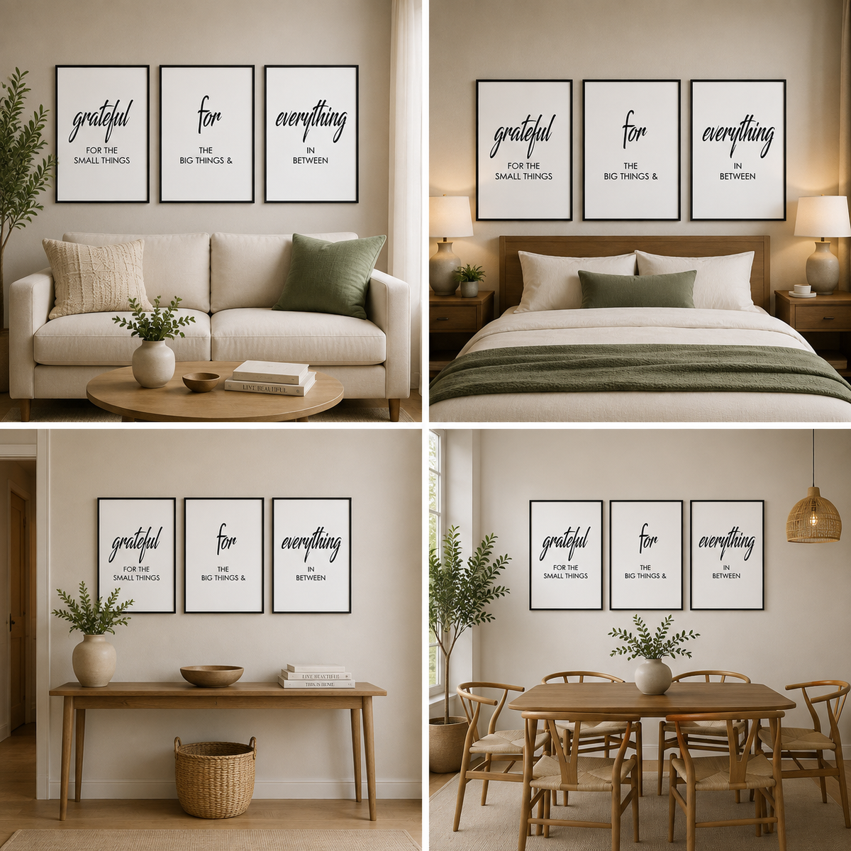 3-Piece Grateful Quote Canvas Wall Art Set for Modern Home, Office & Living Room Decor