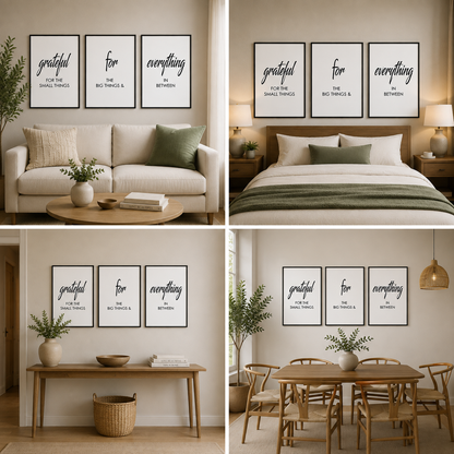 3-Piece Grateful Quote Canvas Wall Art Set for Modern Home, Office & Living Room Decor