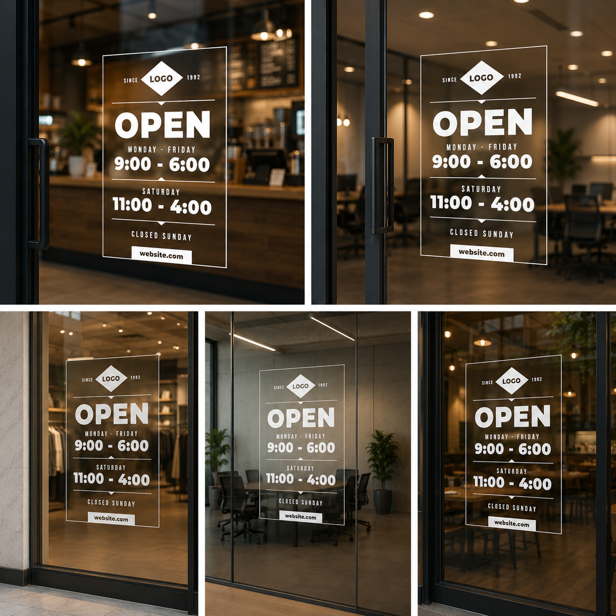 Open Hours Vinyl Glass Sticker with Logo for Shop Window & Business Timing Signage Display