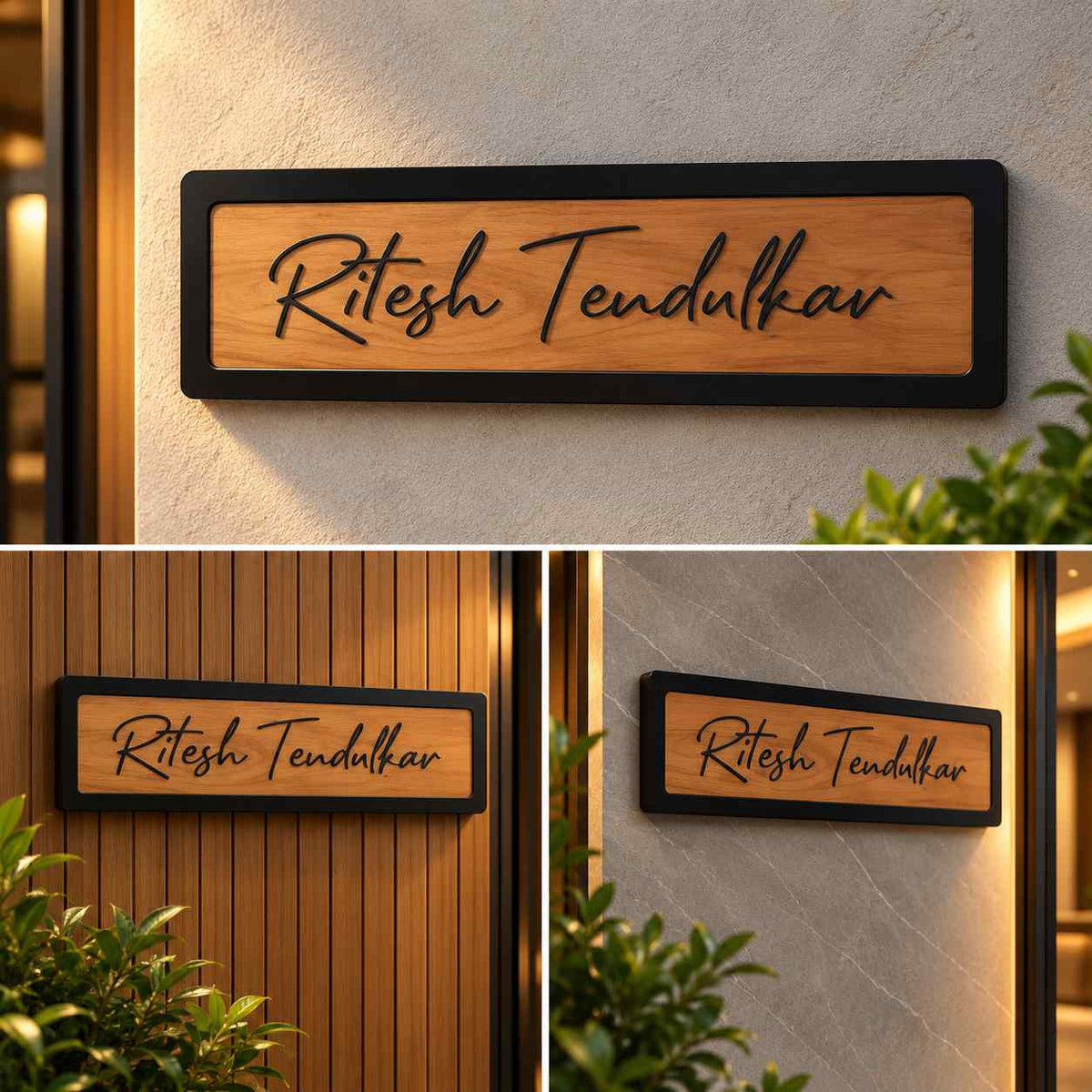 Personalised Wooden Name Plate for Home, Custom Family Name Sign with Black Frame