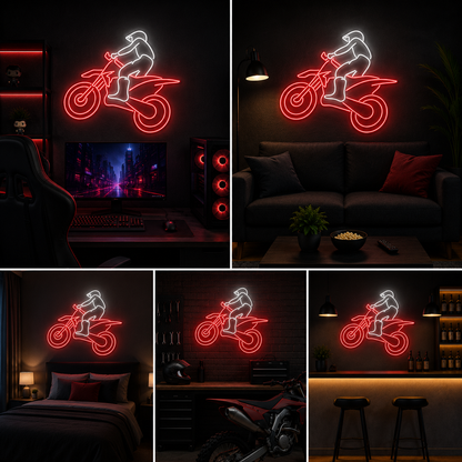 Red Dirt Bike Neon Sign with White Rider for Garage, Gaming Room and Modern Decor