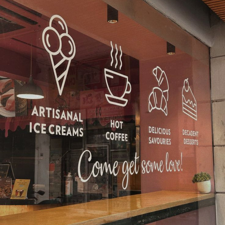 Cafe window vinyl glass sticker with coffee ice cream bakery icons for storefront branding