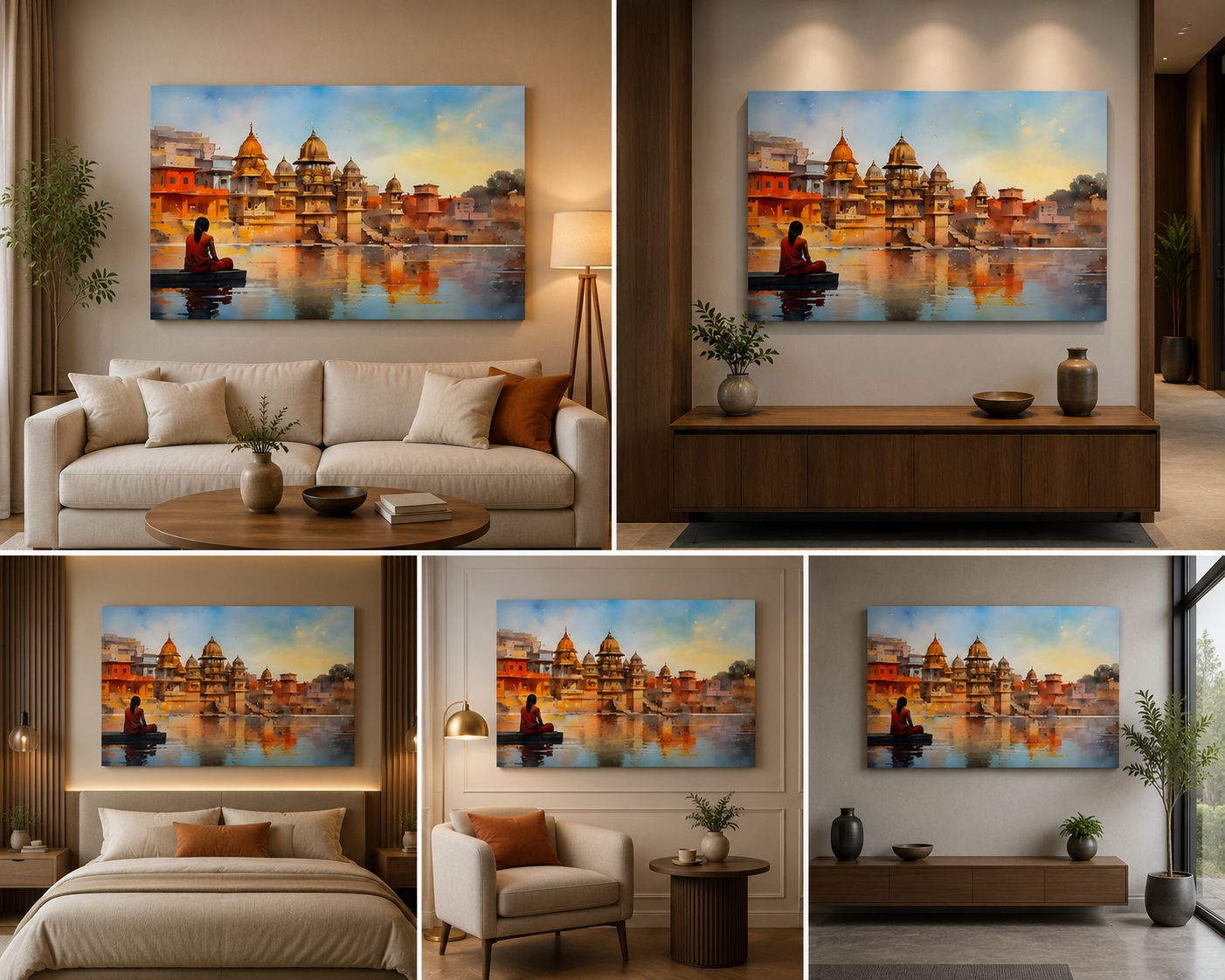 Spiritual Riverfront Temple Canvas Painting Frame Peaceful Landscape Wall Decor for Living Room