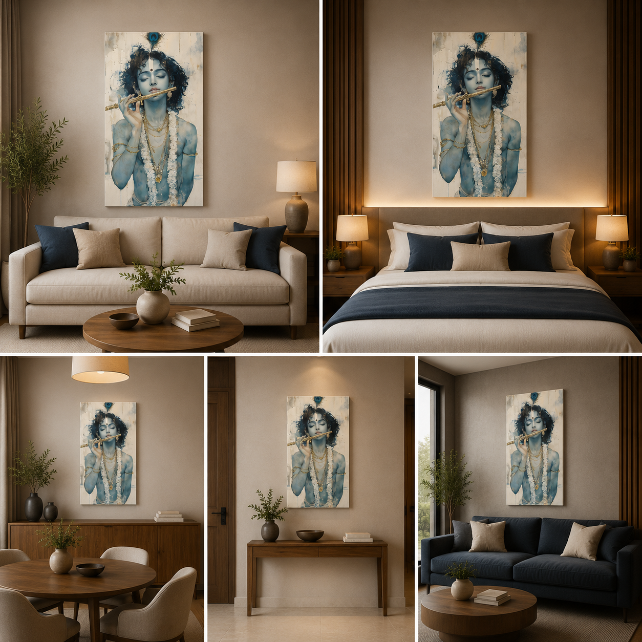 Minimal Lord Krishna Flute Canvas Painting Frame | Soft Tone Modern Krishna Wall Art | Elegant Spiritual Canvas Wall Decor for Living Room