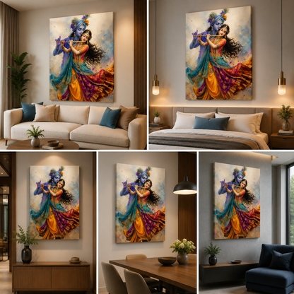 Radha and Krishna with a flute and flowing colourful garments, shown as canvas wall art above a sofa, bed and consoles and beside a dining table.