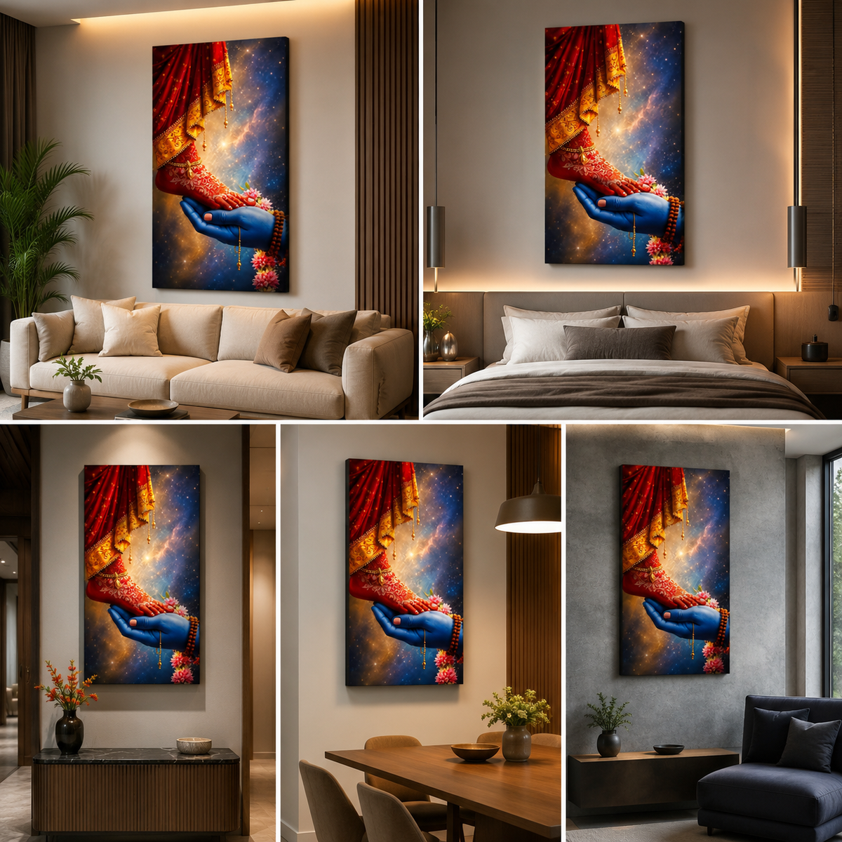 Parvati's red and gold adorned feet resting in Shiva's blue hands against a blue and gold cosmic background, shown as canvas wall art above seating, a bed, console and dining table.