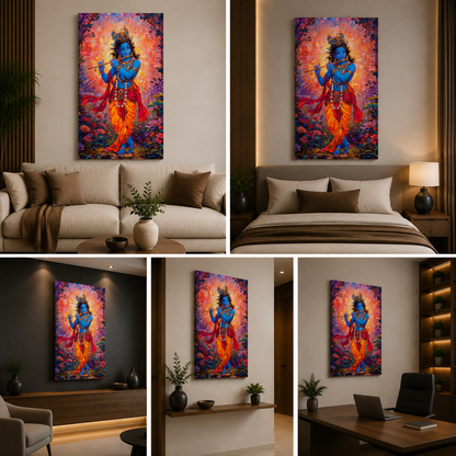 Lord Krishna Vibrant Canvas Painting Frame Colorful Spiritual Wall Decor for Living Room