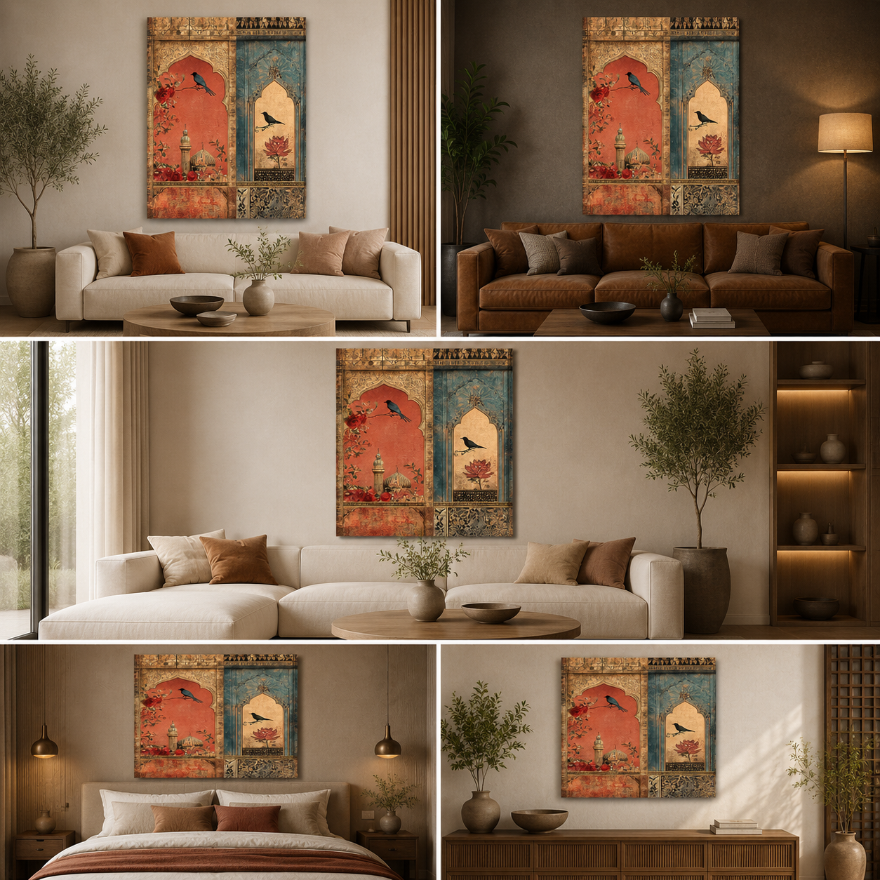 Vintage Mughal Window Bird Canvas Wall Painting | Floral Palace Artwork | Premium Ethnic Wall Decor
