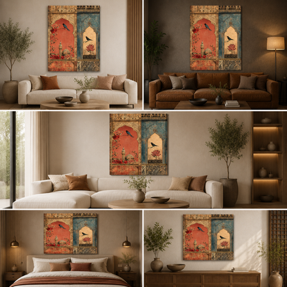 Vintage Mughal Window Bird Canvas Wall Painting | Floral Palace Artwork | Premium Ethnic Wall Decor
