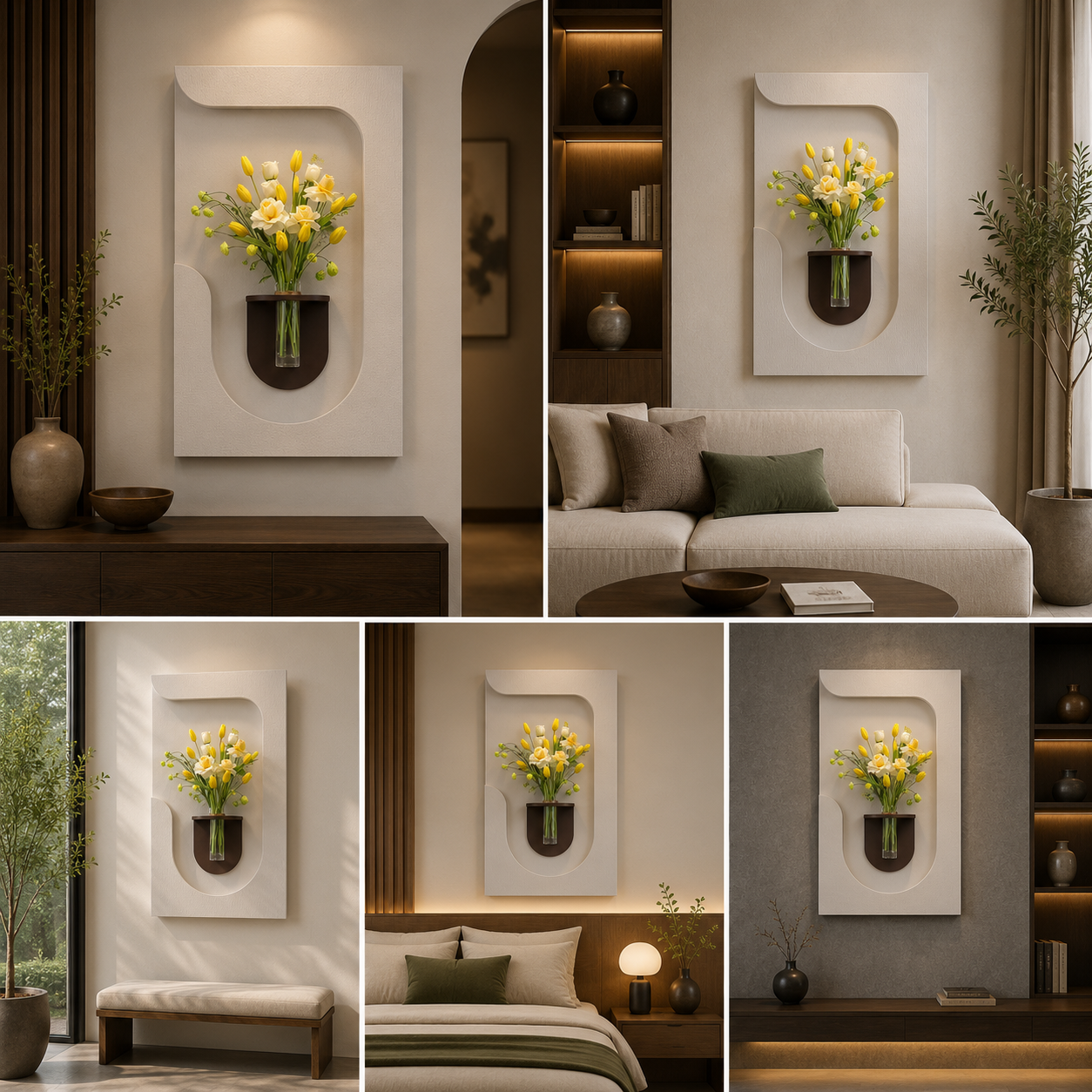 Modern Minimalist Curved Wall Vase Panel with Shelf | Decorative Wall Mounted Glass Flower Holder | Elegant Home Decor