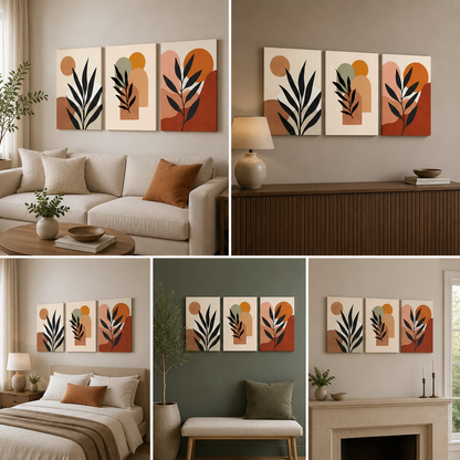 Modern Boho Abstract Wall Art Set of 3 Panels | Sun & Botanical Geometric Canvas | Mid Century Acrylic UV Printed Wall Decor (18 x 24 Inches Each Part)
