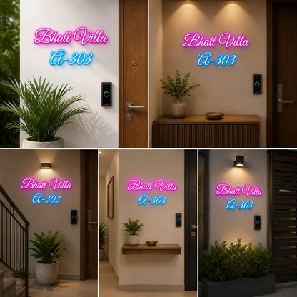 Personalized Pink and Blue Neon Acrylic Name Plate with House Number for Home Entry