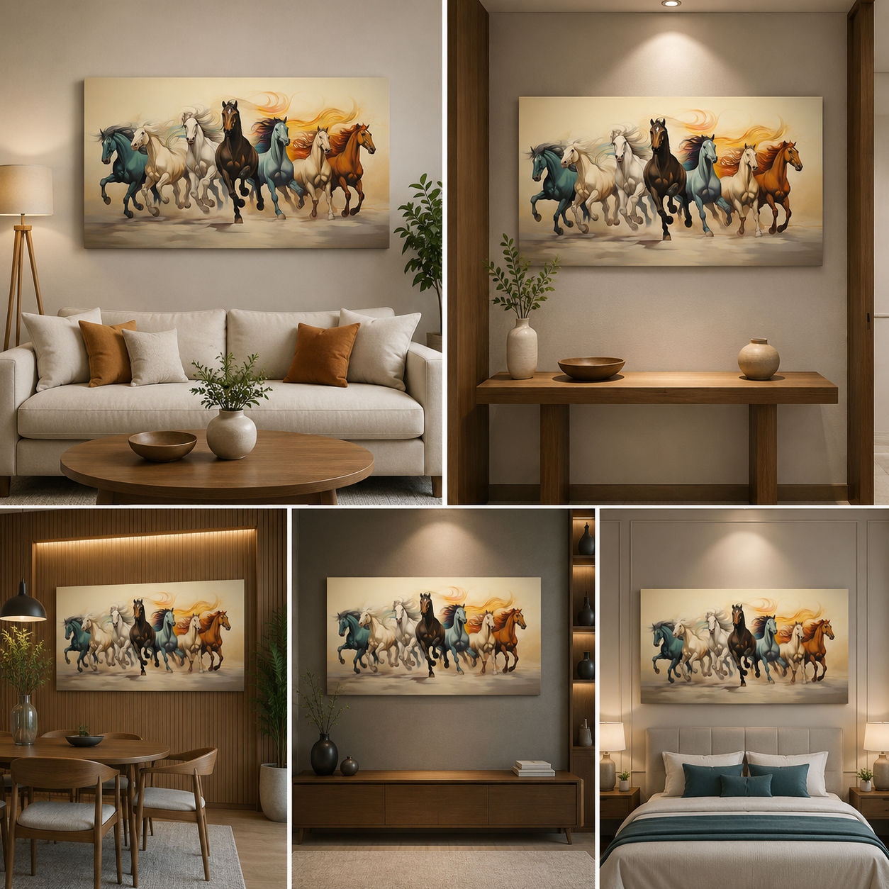 Running Horses Wall Art Canvas – Multicolor Horse Painting for Vastu, Success & Living Room Decor